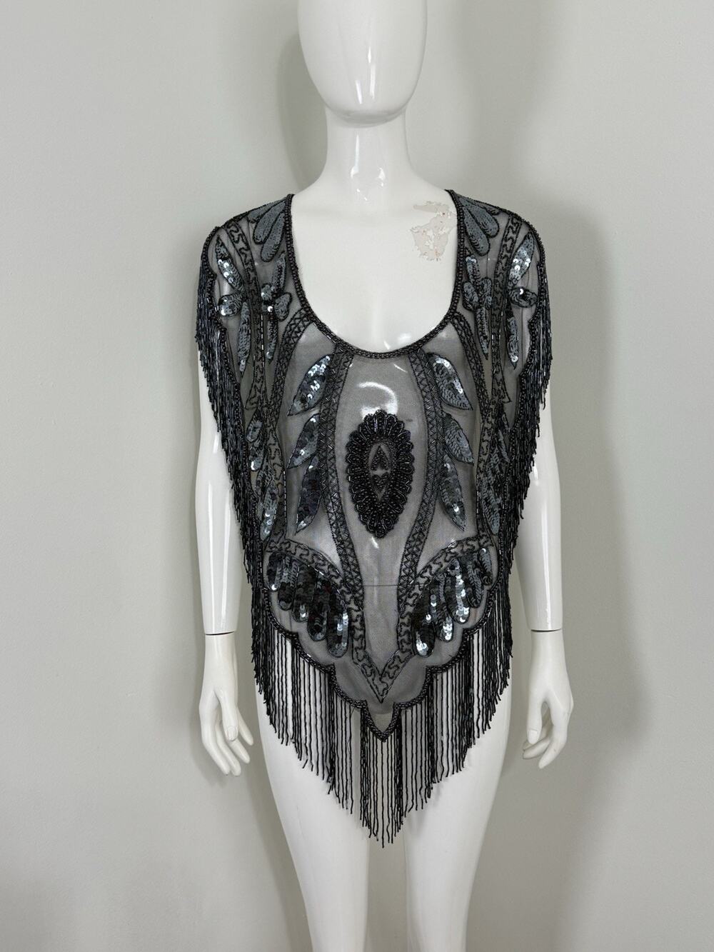 Vintage Tan-Cho Beaded Sequined Flapper Capelet Shawl Poncho Fringe Gatsby Black